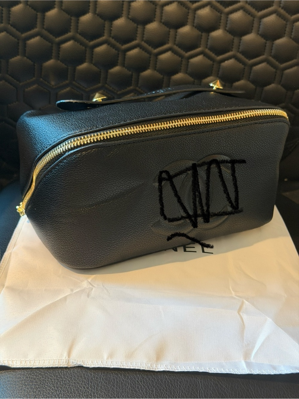 Black Leather Zip-Top Dopp Kit Toiletry Bag with Gold Hardware